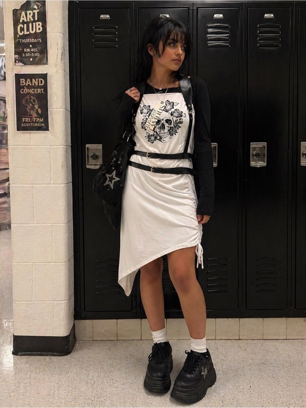 Almost Famous Black & White Asymmetrical Skull Midi Dress with Harness